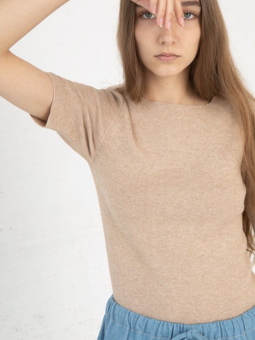 LAUREN MANOOGIAN Rib Tee In Beige Melange Cotton & Alpaca Blend 1 S
